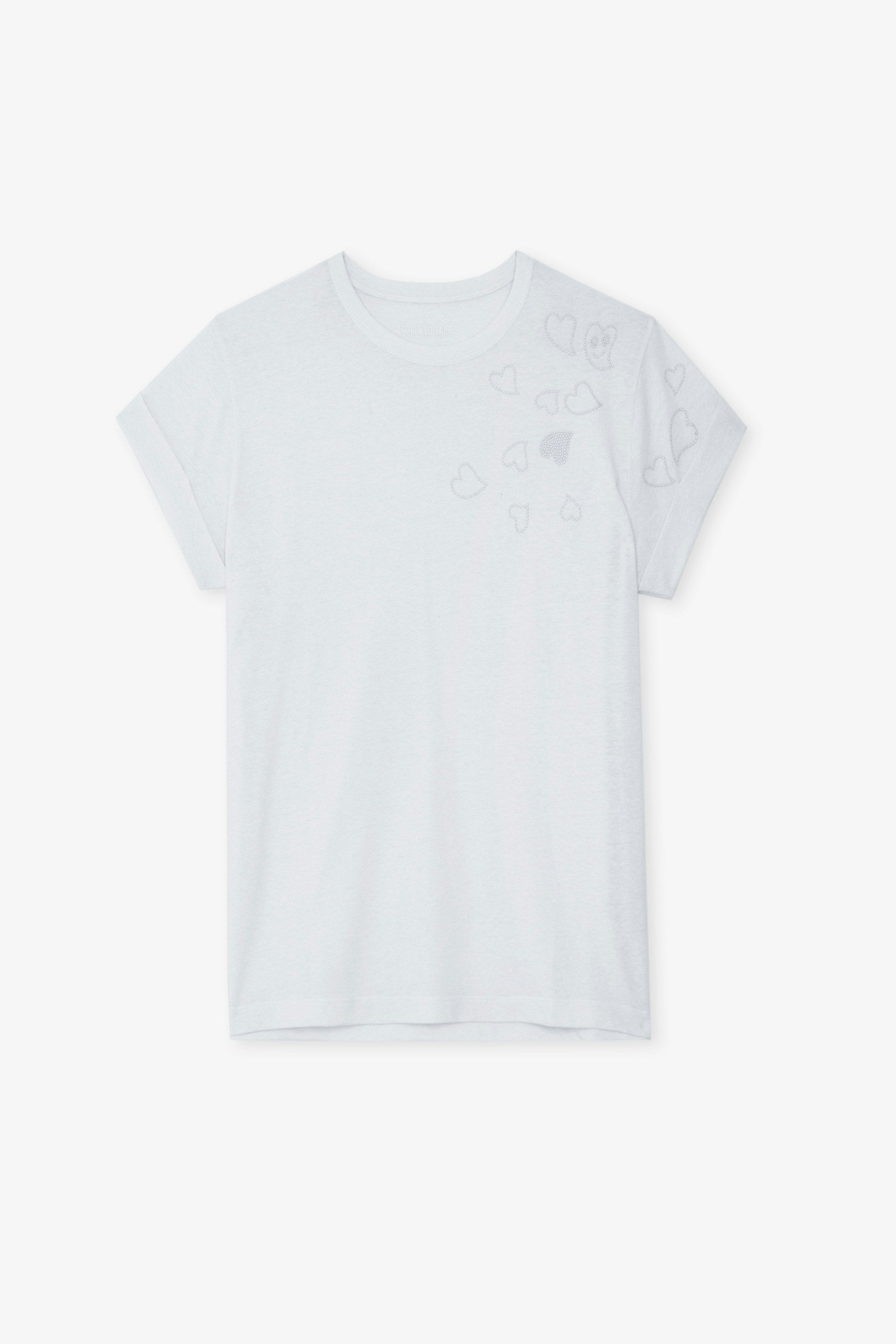T-Shirt Anya - Weißes Kurzarm-T-Shirt mit Rundhalsausschnitt und Nietenherzen.