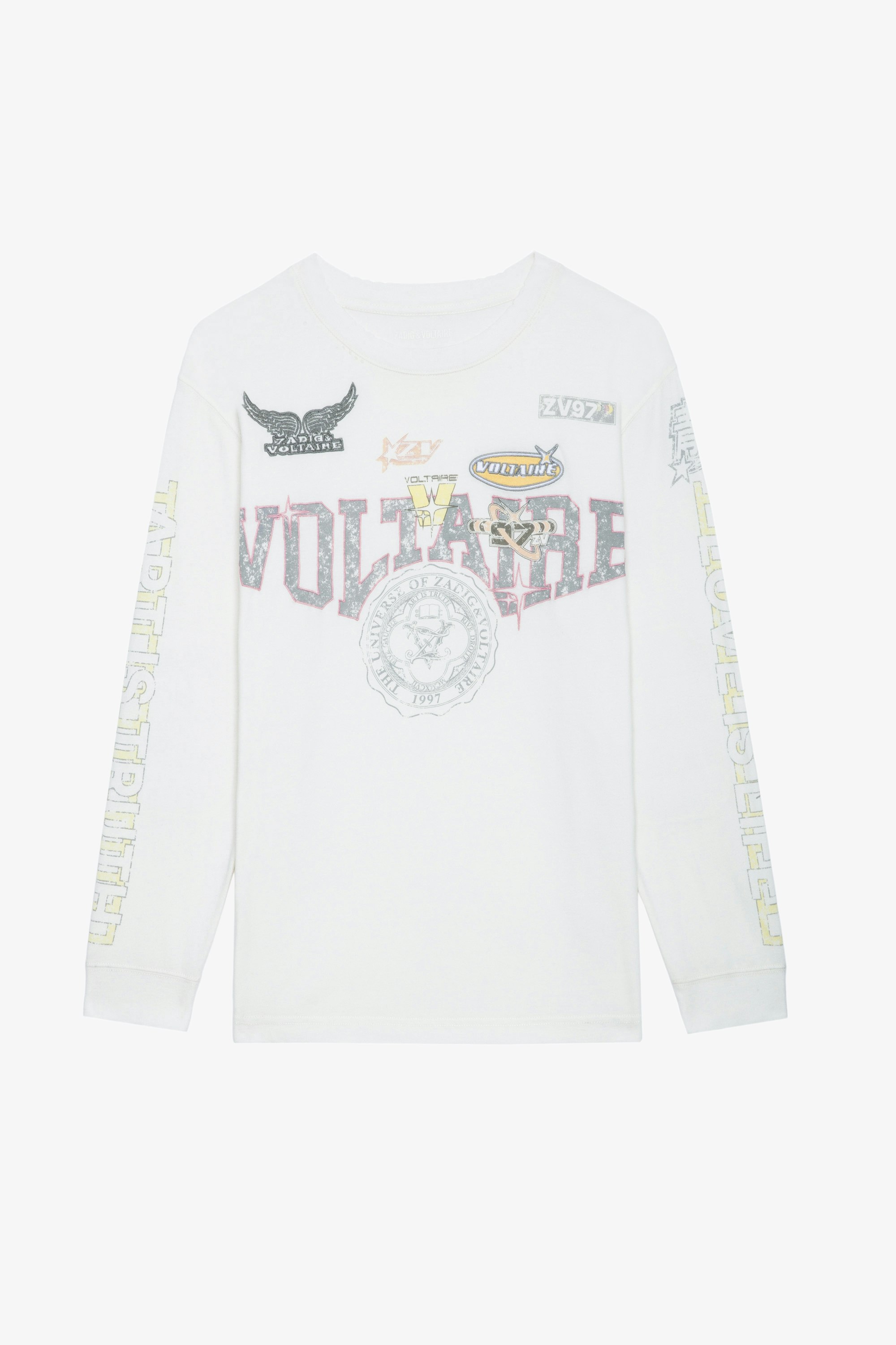 Noane Voltaire T-shirt - Ecru cotton biker-style long-sleeved T-shirt with Voltaire badge motifs and elbow pads.