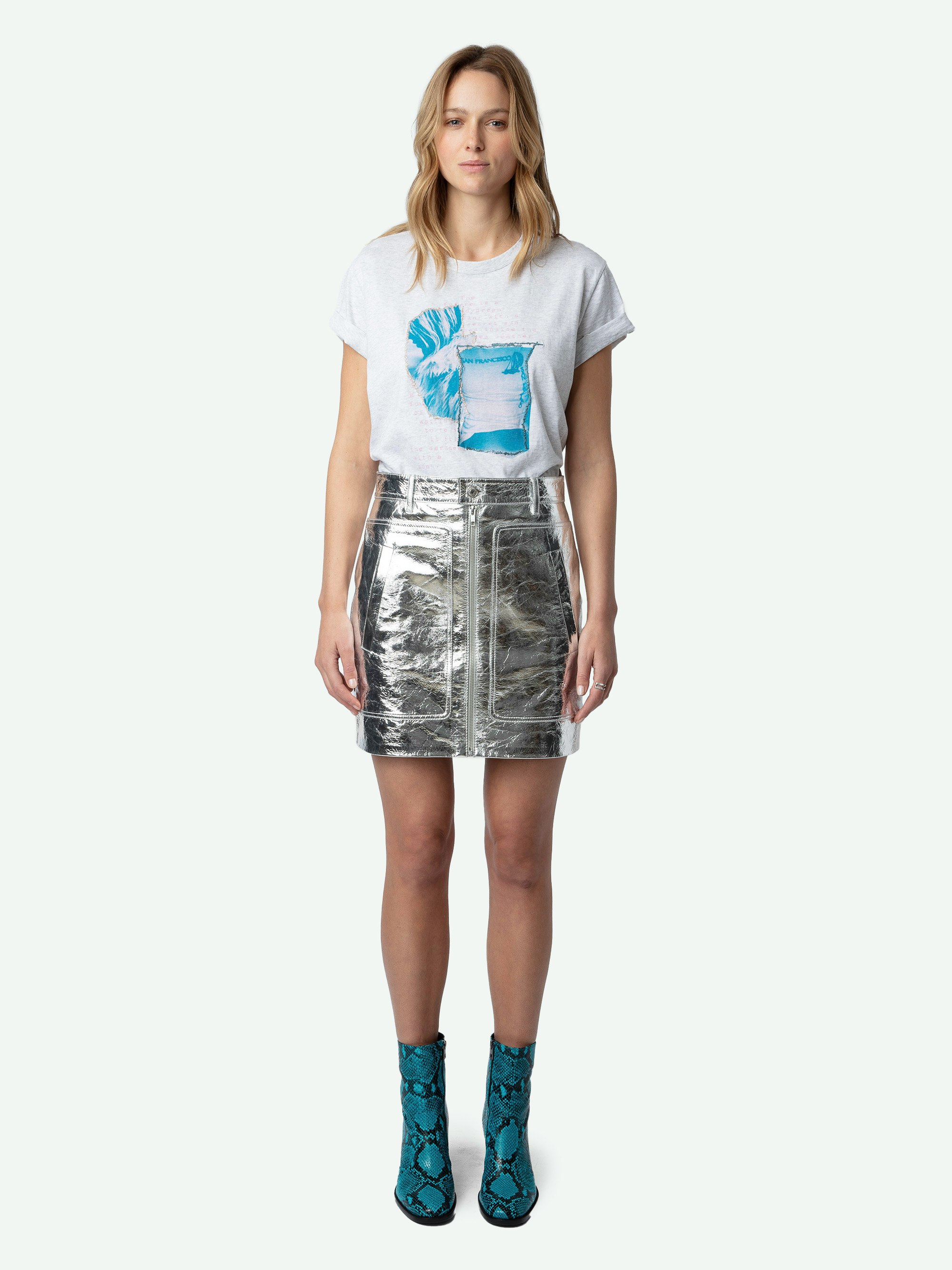 Anya Photoprint T-shirt - Women's short sleeved t-shirt with teal colored photoprint on front.