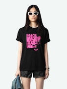 Edwin T-shirt - Women's black t-shirt with pink ghost print on front.
