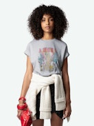 Tommer Concert T-shirt - Loose-fitting mottled grey organic cotton T-shirt with short sleeves and a "L'Amour & All The Feelings" print on the front and a Concert print on the back.