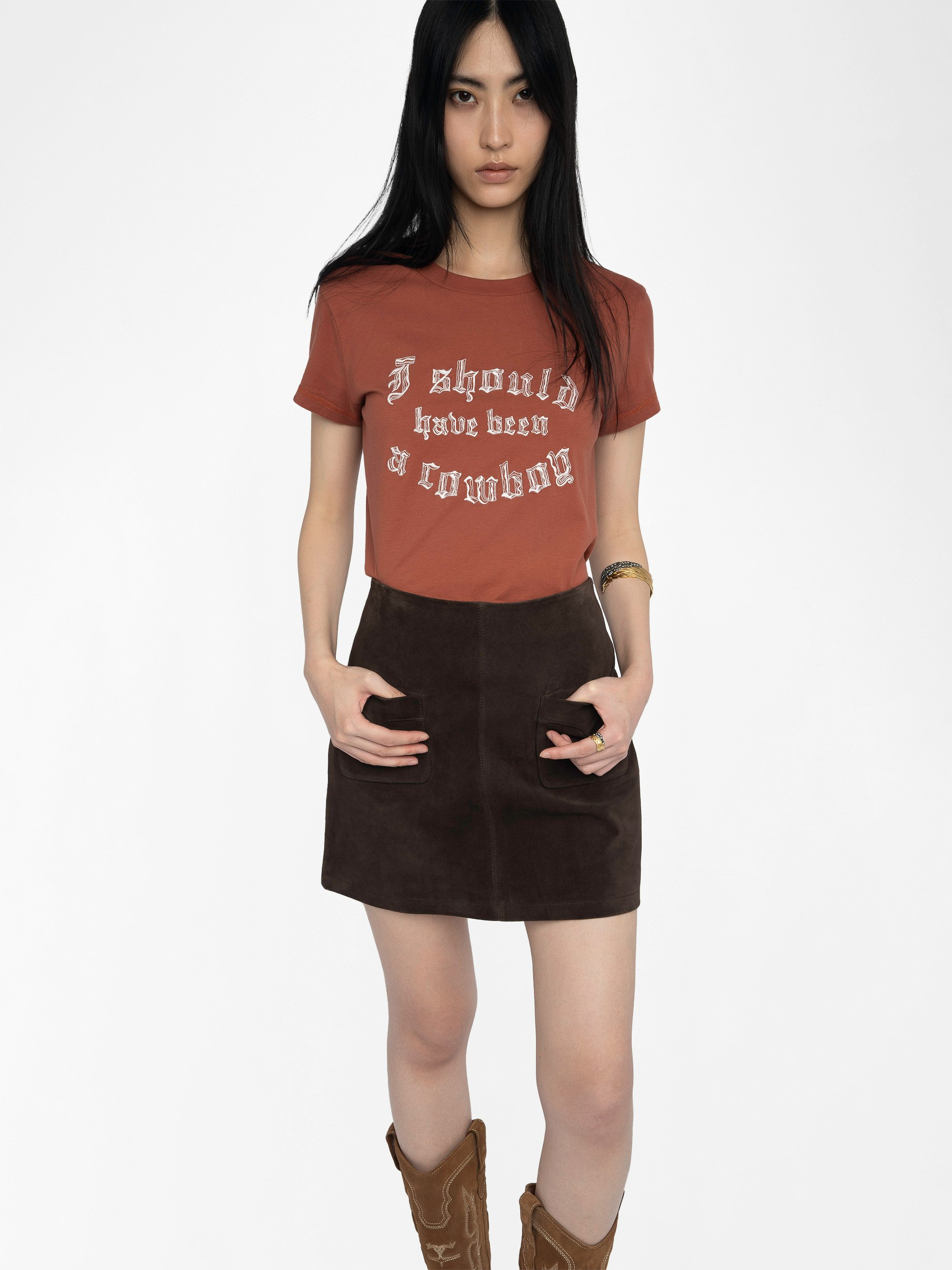 Walk T-shirt - Short sleeved t-shirt with "I should have been a cowboy" distressed embroidery on front.