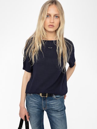 Ella Open Back T Shirt - Short-sleeved T-shirt with open back and drawstring with wing charms.