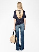 Ella T-shirt - Short-sleeved t-shirt with open back and drawstring with wing charms.