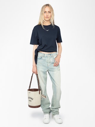 Edda Asymmetric T Shirt - Asymmetric short-sleeved T-shirt with rhinestones on the front.