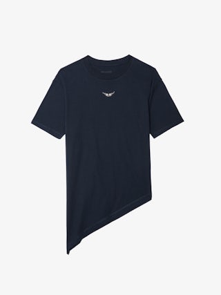 Edda Asymmetric T Shirt - Asymmetric short-sleeved T-shirt with rhinestones on the front.