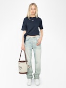 Edda T-shirt - Asymmetric short-sleeved t-shirt with rhinestones on the front.