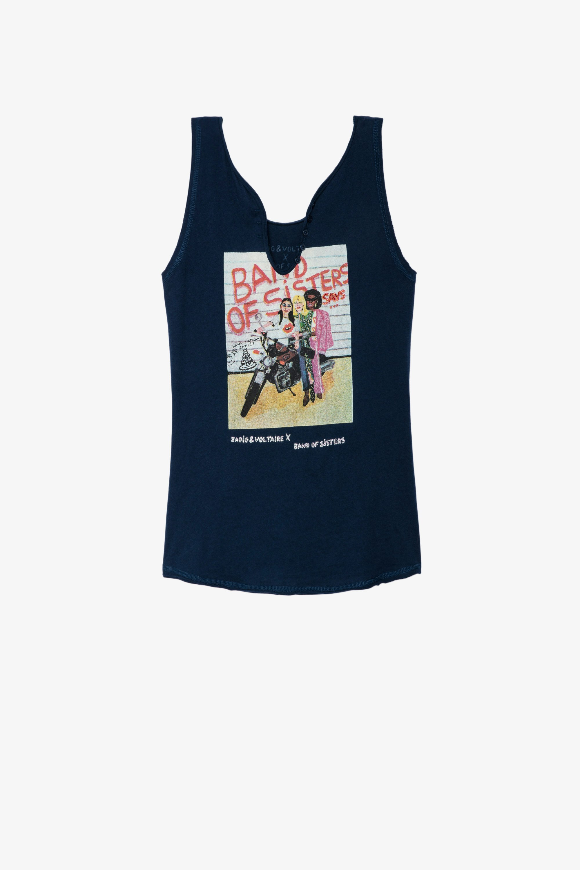 Band of Sisters Dany Tank トップス Women’s navy blue cotton tank top with Band of Sisters print