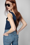 Canottiera Dany Band of Sisters - Canottiera in cotone blu navy decorata con stampa Band of Sisters da donna