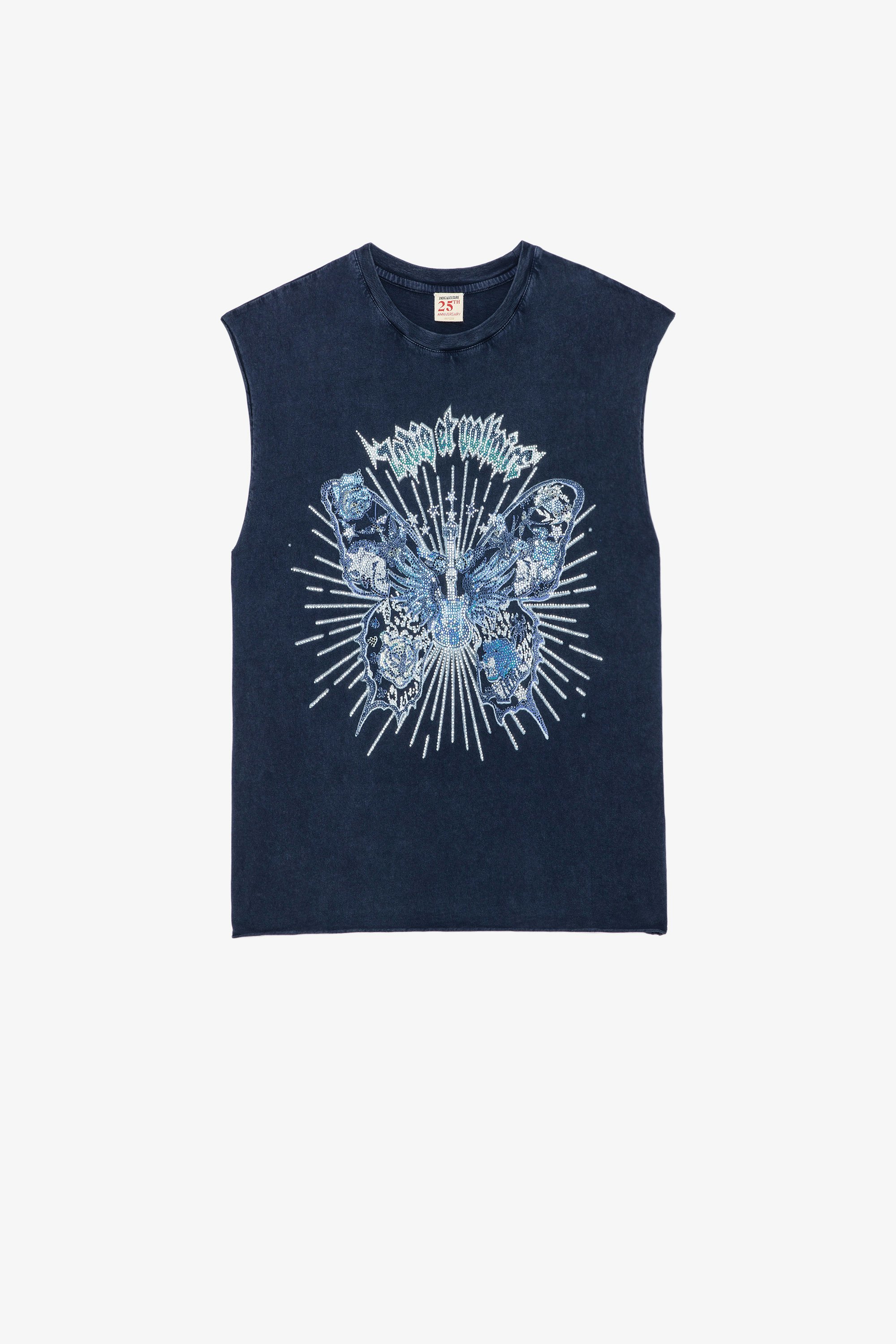 Camiseta de tirantes Cecilia Butterfly Camiseta de tirantes de algodón azul marino para mujer con estampado de mariposa con cristales