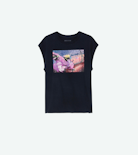 Camiseta Cecilia Moon - Camiseta azul marino de algodón para mujer con estampado fotográfico «Moon» y strass.