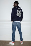 Clash Cardigan - Men’s zip-up hooded cardigan in navy-blue knit with embroidered flowers and skull