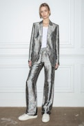 Pomy Trousers - Women's metallic-effect trousers with floral Jacquard and skulls