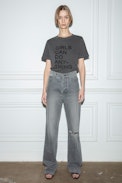Bella T-shirt - Women’s grey cotton T-shirt with rhinestone-studded “Girls can do anything” slogan