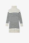 Almia Girls’ Dress - Girls’ beige knit turtleneck dress with stripes and diamanté “Voltaire” branding.