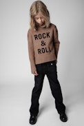 Pull Alma Enfant - Pull col roulé à manches longues camel orné du message "Rock & Roll" et de boutons sur l'épaule enfant