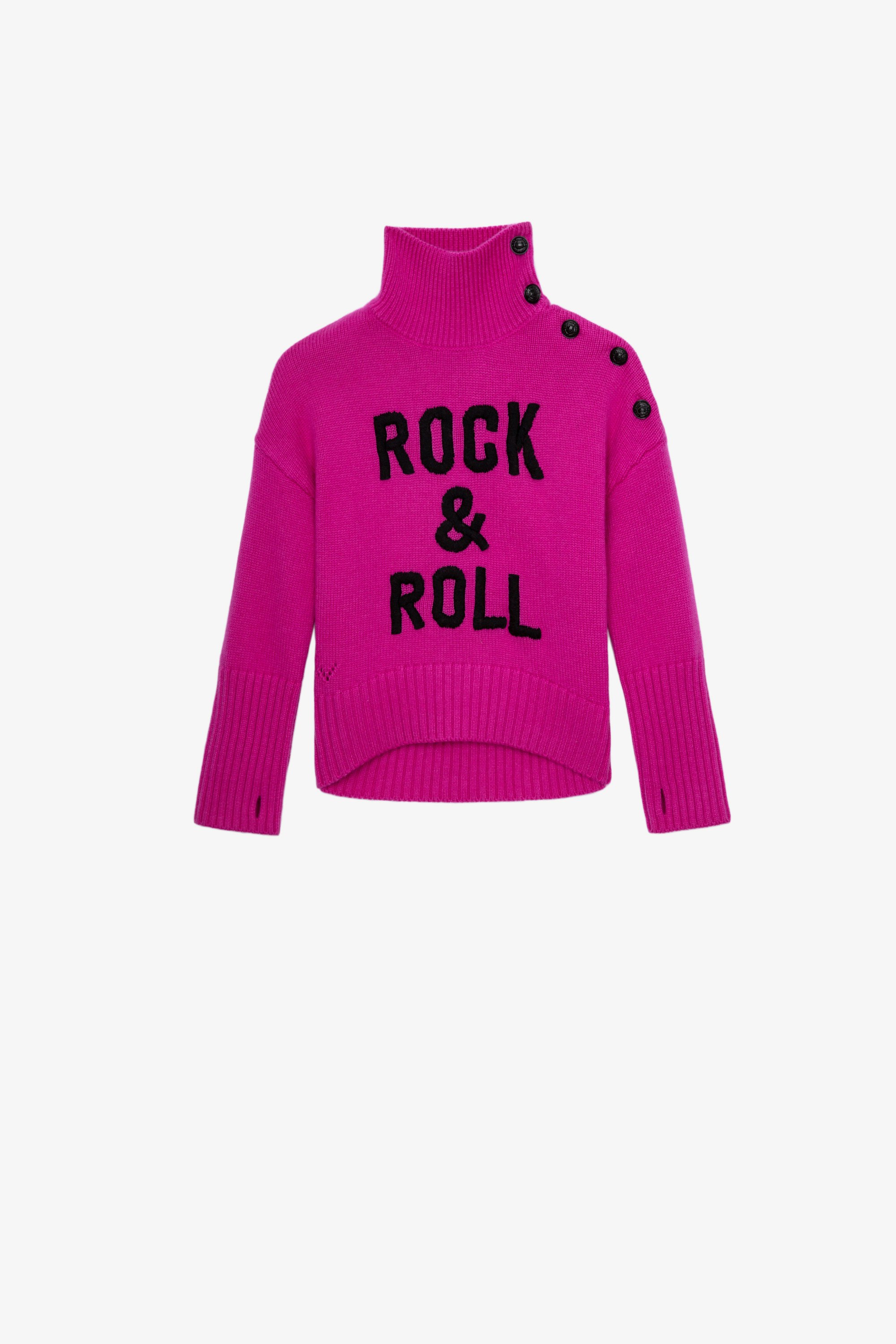 Alma Children’s ニット Children’s pink long-sleeve turtleneck jumper with “Rock & Roll” message and buttons on shoulder 