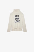 Alma Girls’ Sweater - Girls’ white knit turtleneck sweater with “Rock & Roll” embroidery.
