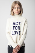 Alma Girls’ Sweater - Girls’ white knit turtleneck sweater with “Rock & Roll” embroidery.