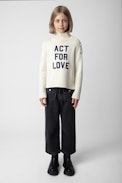 Alma Girls’ Sweater - Girls’ white knit turtleneck sweater with “Rock & Roll” embroidery.