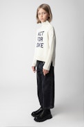 Alma Girls’ Sweater - Girls’ white knit turtleneck sweater with “Rock & Roll” embroidery.