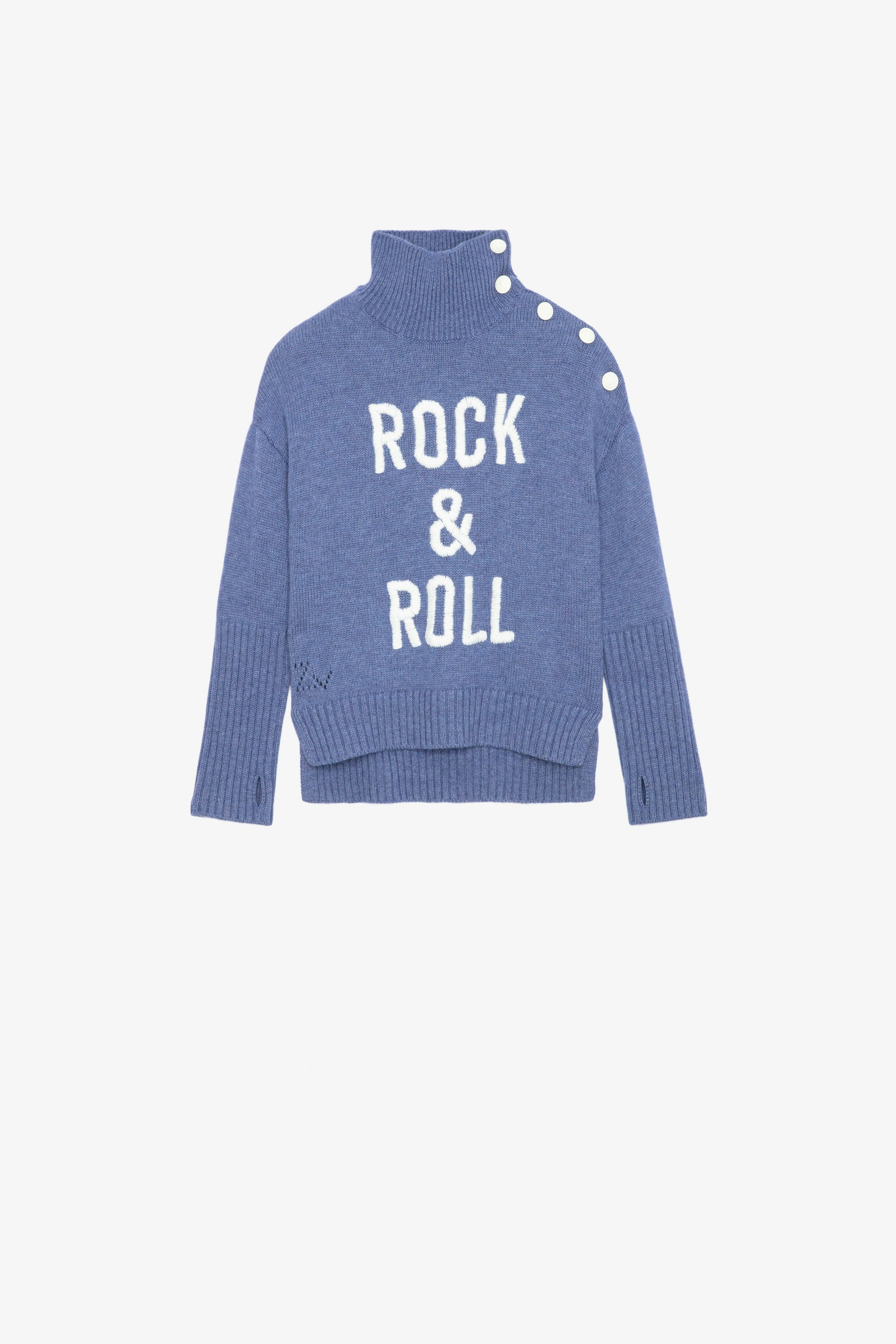 Alma Girls’ Sweater - Girls’ purple knit turtleneck sweater with “Rock & Roll” embroidery.