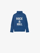 Maglione Alma Ragazza - Maglione blu da ragazza in maglia con bottoni sulla spalla e scritta "Rock & Roll".