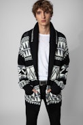 Erra Skull Cardigan - Men’s black wool cardigan with motifs and skull on the back
