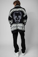 Erra Skull Cardigan - Men’s black wool cardigan with motifs and skull on the back
