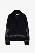 Christophe Cardigan - Unisex’s navy blue knit cardigan with intarsia jacquard trim and star motifs.