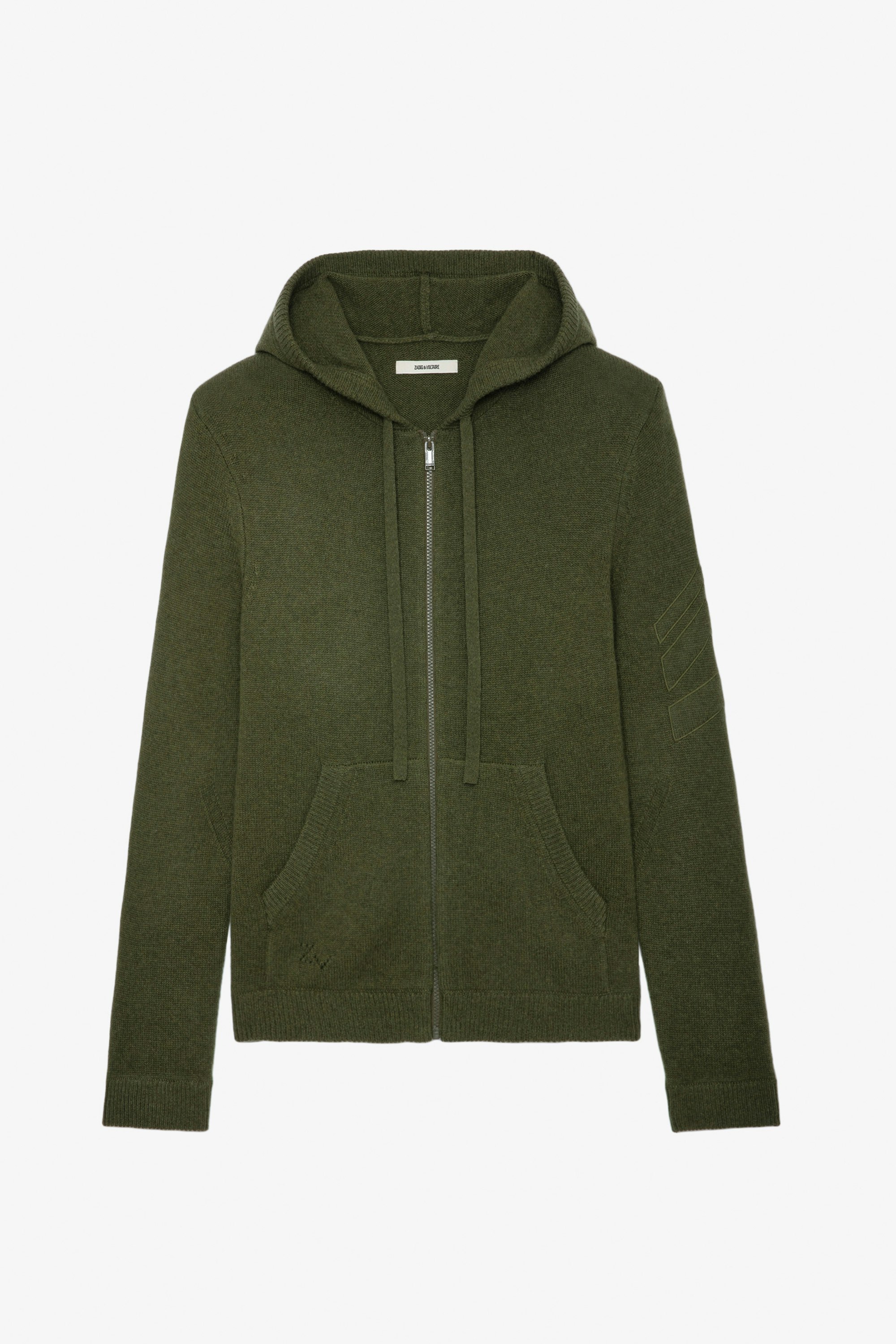 Clash Cashmere Cardigan - Men’s khaki cashmere hooded zip-up cardigan with arrows.