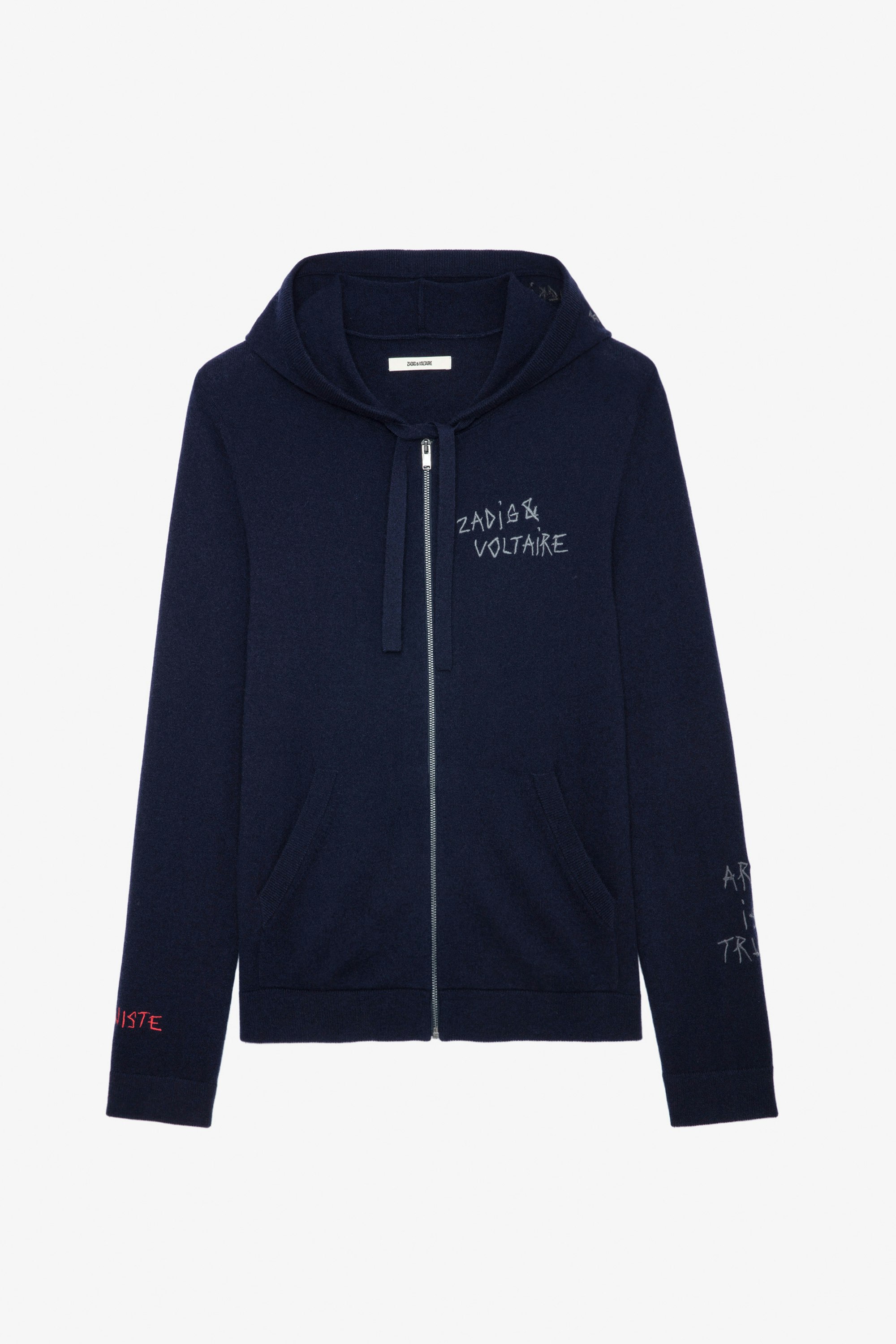 Clash Cardigan - Men’s navy blue grey knit hooded zip-up cardigan with slogans and arrows.