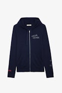 Clash Cardigan - Men’s navy blue grey knit hooded zip-up cardigan with slogans and arrows.