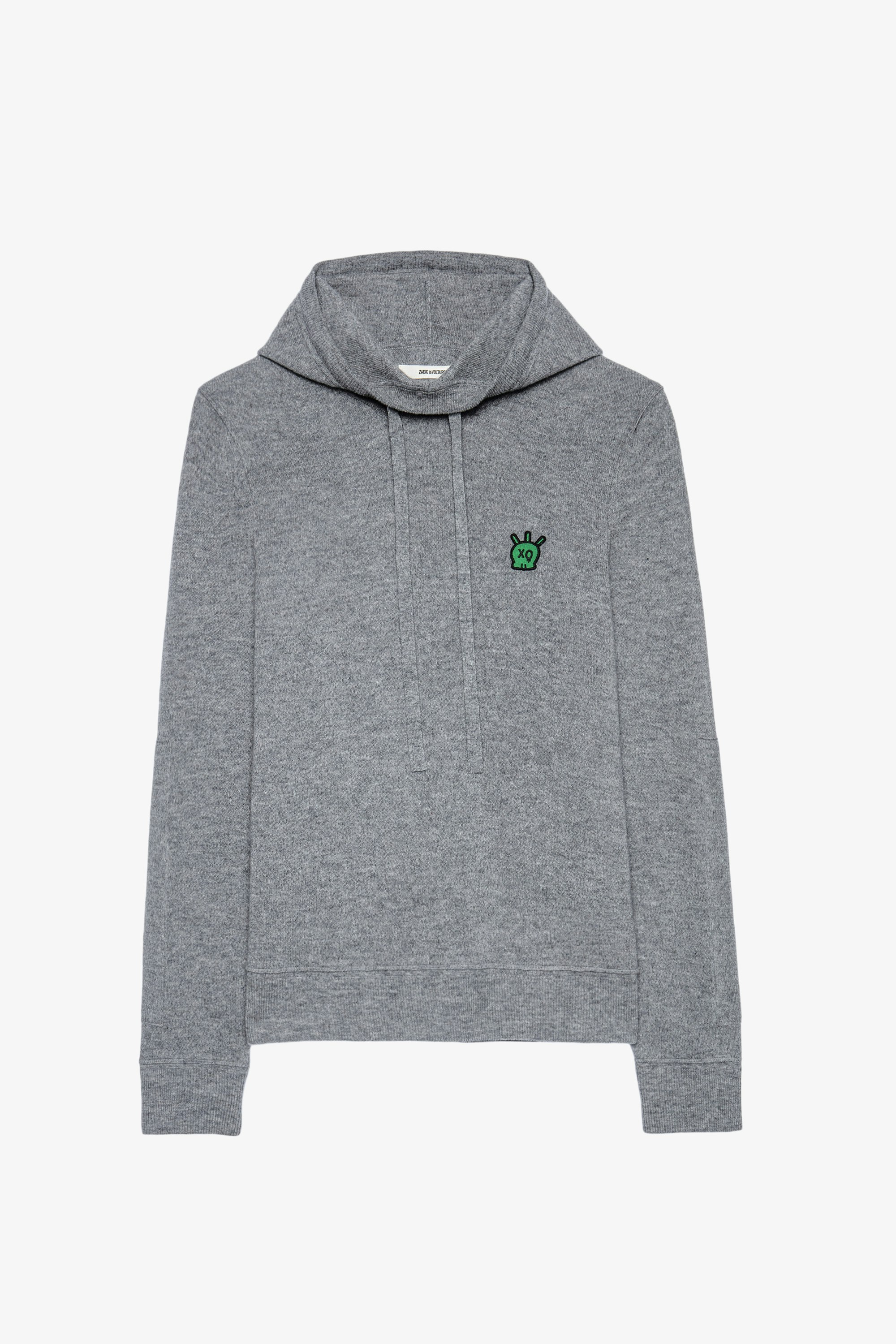 Hewitt Jumper - Men's grey merino wool hooded sweater featuring a Skull XO patch on the chest.