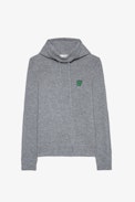 Pullover Hewitt - Grauer Herren-Kapuzenpullover aus Merinowolle, verziert mit einem Skull-XO-Patch auf der Brust.