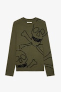 Pullover Kennedy Kaschmir - Herren-Kaschmirpullover in Khakigrün mit Totenkopf-Motiv
