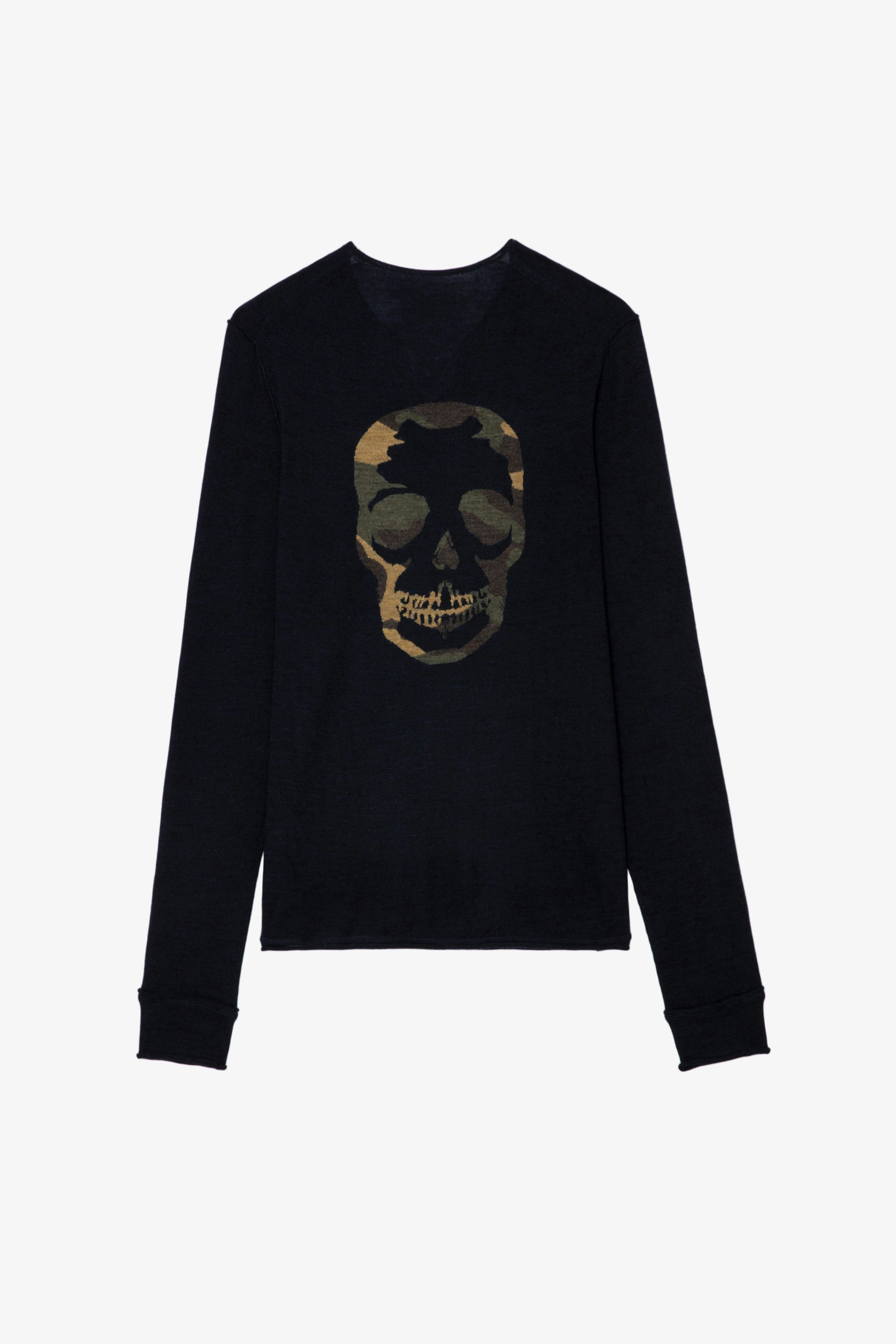 Skull Monastir Jumper  Men’s navy blue wool jumper with Henley collar and skull on back