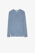Pullover Monastir - Herren-Pullover aus blauer Merinowolle mit Henley-Ausschnitt, langen Ärmeln und Pfeilen auf dem Rücken