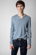 Pullover Monastir - Herren-Pullover aus blauer Merinowolle mit Henley-Ausschnitt, langen Ärmeln und Pfeilen auf dem Rücken