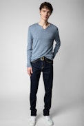 Pullover Monastir - Herren-Pullover aus blauer Merinowolle mit Henley-Ausschnitt, langen Ärmeln und Pfeilen auf dem Rücken