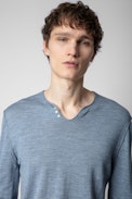 Pullover Monastir - Herren-Pullover aus blauer Merinowolle mit Henley-Ausschnitt, langen Ärmeln und Pfeilen auf dem Rücken