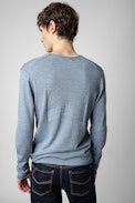 Pullover Monastir - Herren-Pullover aus blauer Merinowolle mit Henley-Ausschnitt, langen Ärmeln und Pfeilen auf dem Rücken