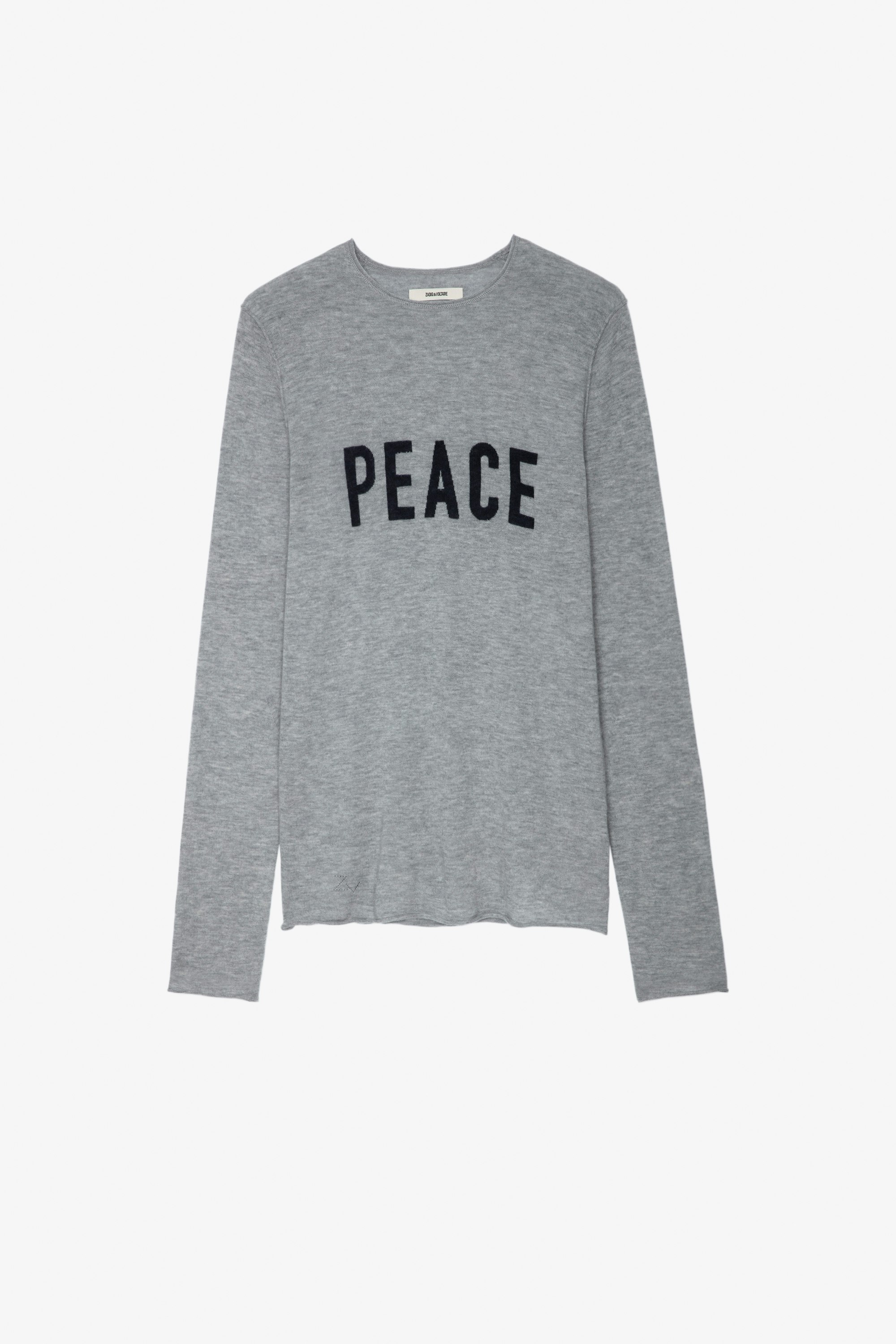 Teiss Pullover Men's grey marl cashmere pullover with round neckline, long sleeves and "Peace" slogan