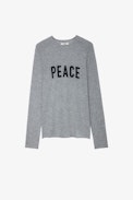 Pullover Teiss - Herrenpullover aus graumeliertem Kaschmir mit Rundhalsausschnitt, langen Ärmeln und „Peace“-Schriftzug