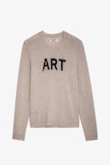 Kennedy Sweater  - Unisex beige knit sweater with intarsia jacquard “Art” slogan.