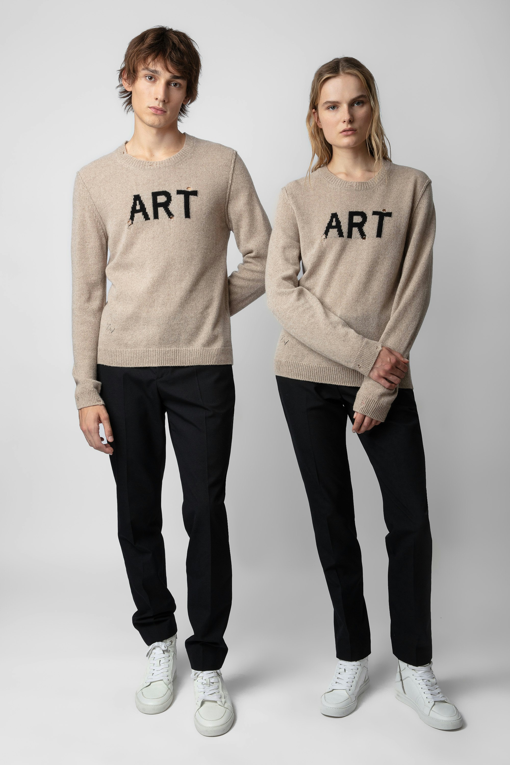 Kennedy Sweater  - Unisex beige knit sweater with intarsia jacquard “Art” slogan.