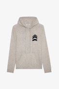 Pullover Clay - Beigefarbener Strickpullover mit Kapuze, verziert mit Pfeilen und einem Totenkopfmotiv auf dem Rücken für Herren.