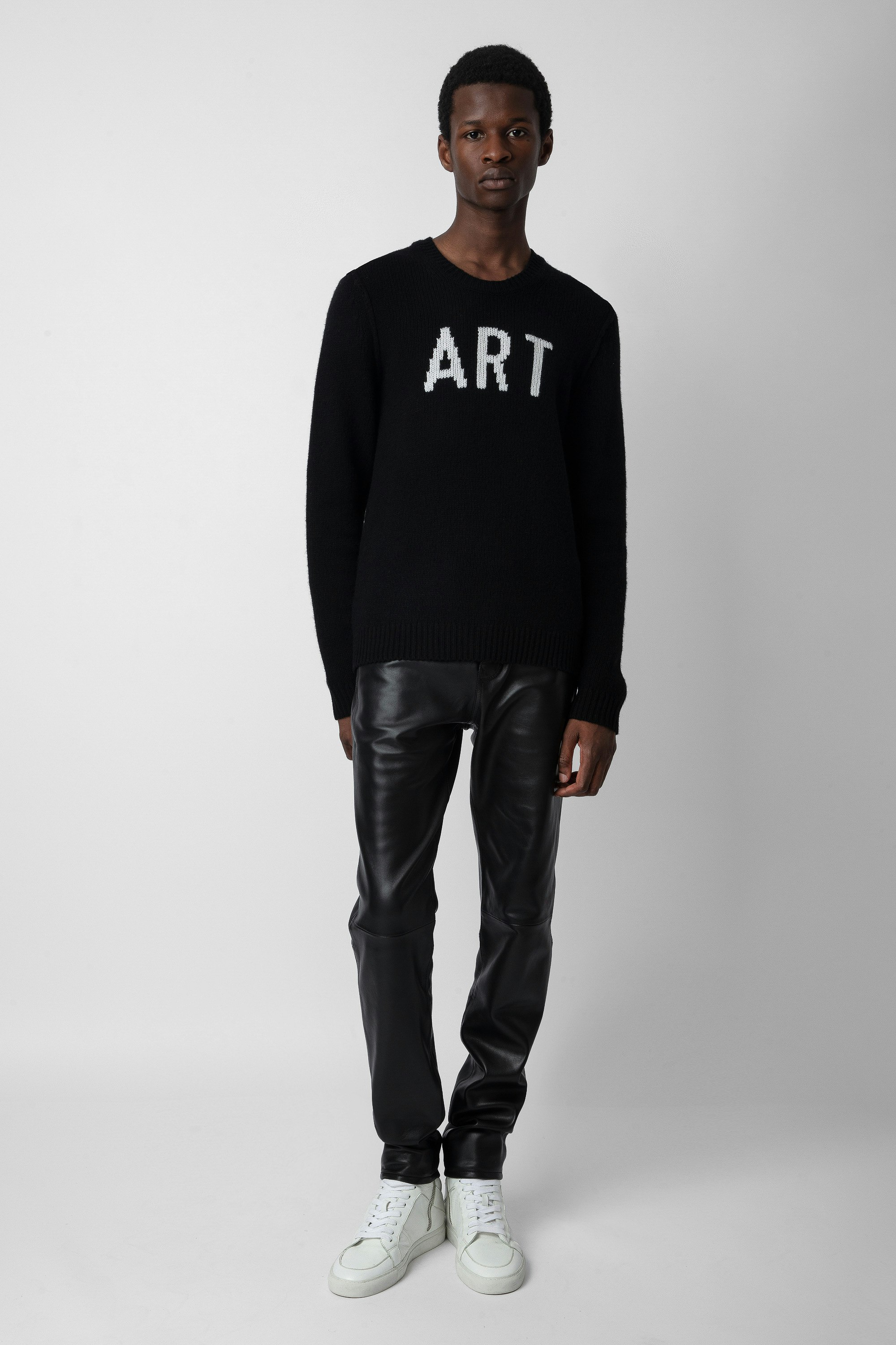 Jersey Kennedy - Jersey negro de punto de lana merina con mensaje «Art» para hombre.