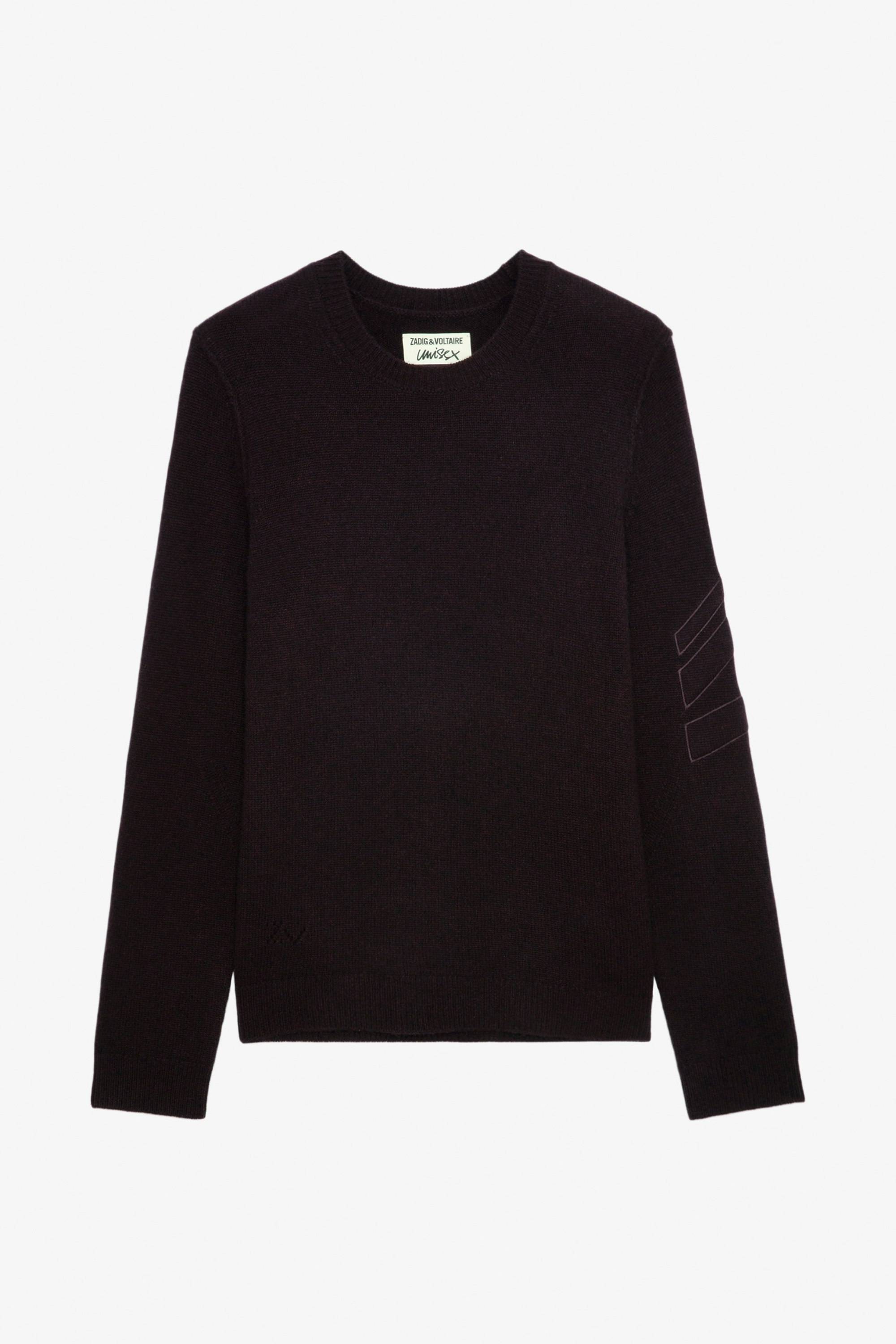 Kennedy Cashmere Jumper - Unisex’s burgundy cashmere jumper with arrows on the sleeve.