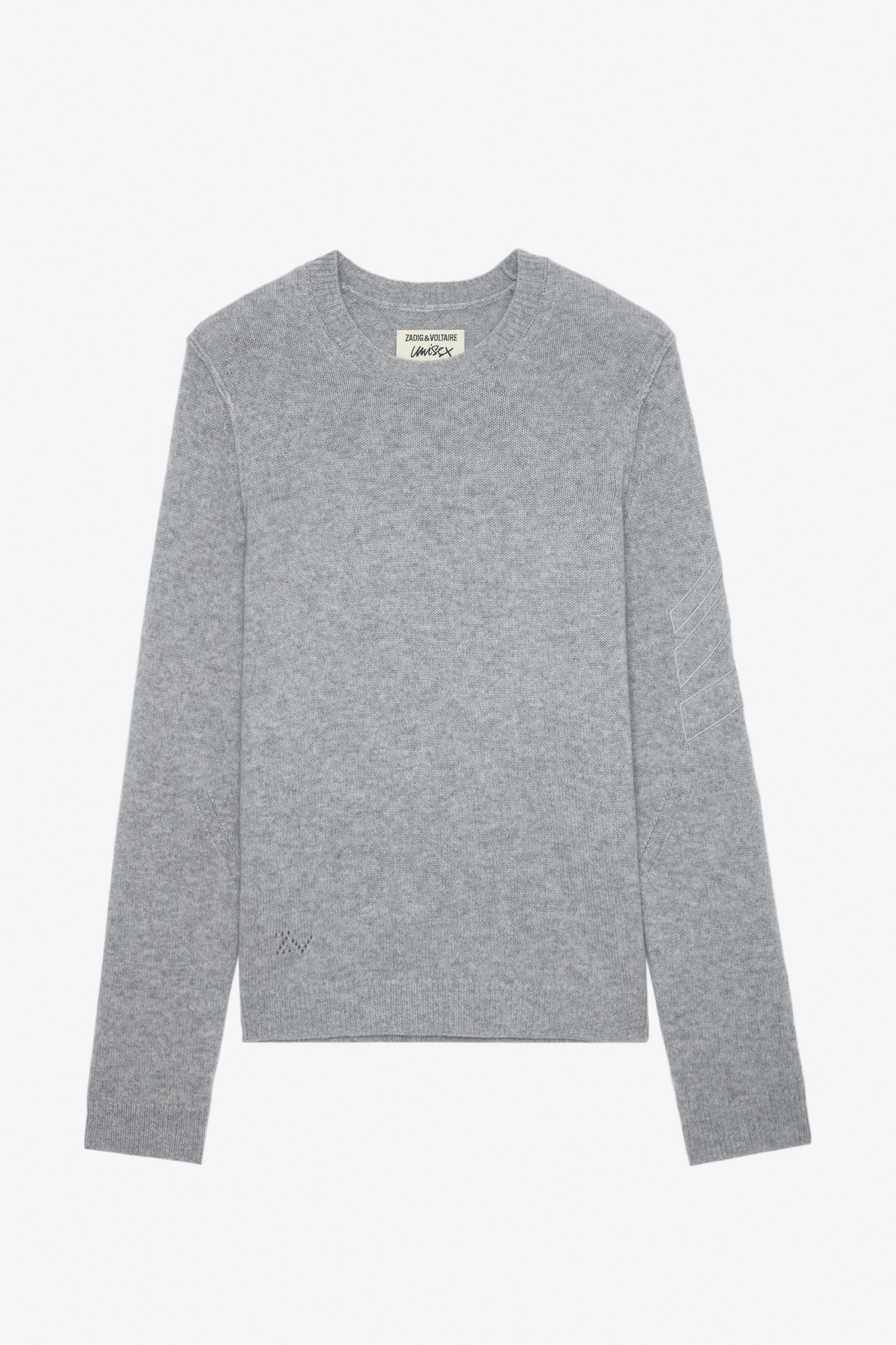 Kennedy Cashmere Jumper - Unisex's light marl grey cashmere jumper with arrows on the sleeve.